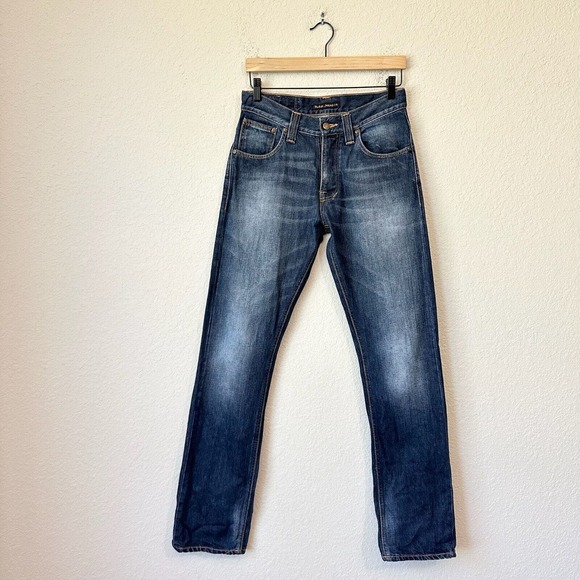 NUDIE JEANS Distressed 'Average Joe' Straight Leg Jeans Blue ITALY MADE